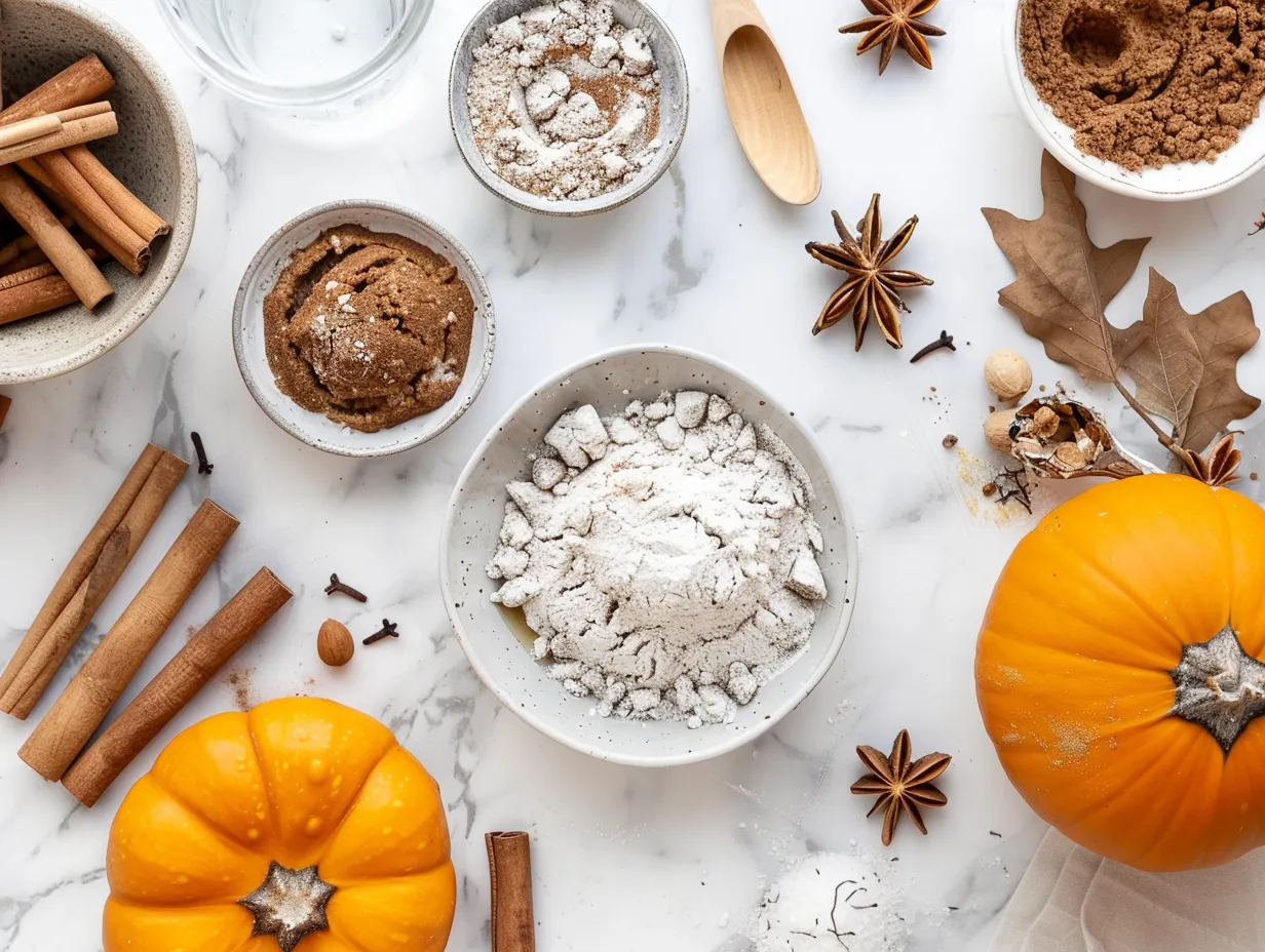 Ingredients for Pumpkin Chai Cinnamon Rolls on a marble countertop