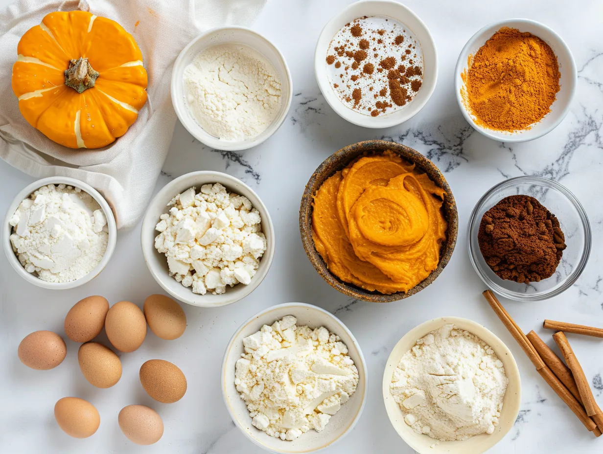 Ingredients for making creamy pumpkin cheesecake bars