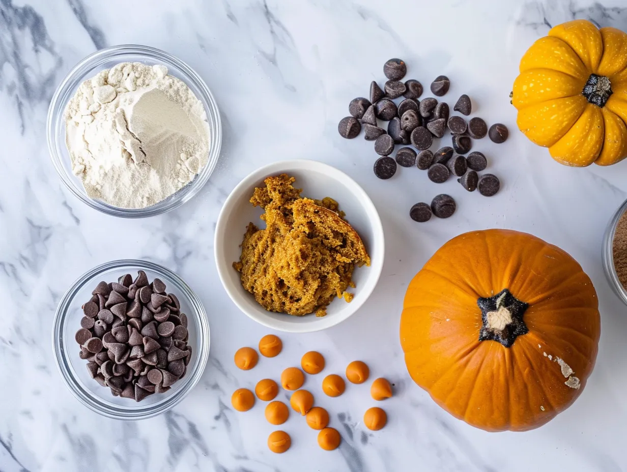 Ingredients for pumpkin chocolate chip bread including flour, spices, sugar, pumpkin puree, oil, eggs, vanilla, and chocolate chips.