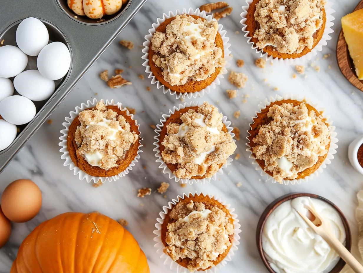 Ingredients for pumpkin streusel muffins with cream cheese filling