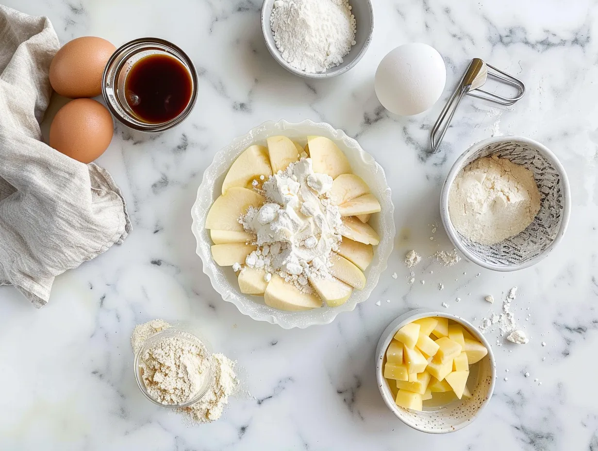 Ingredients for salted caramel apple cheesecake pie, including apples, pie crust, and caramel sauce, laid out on a marble surface.