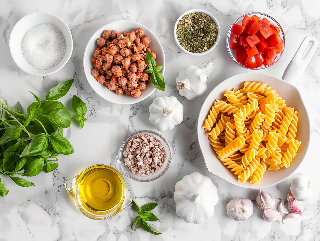 Ingredients for a Sausage Pasta Skillet including Italian sausage, pasta, crushed tomatoes, and spices.