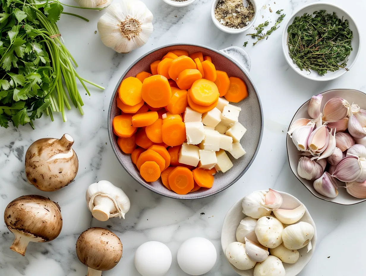 Ingredients for homemade slow cooker chicken pot pie, including chicken, vegetables, cream of chicken soup, and biscuit dough.
