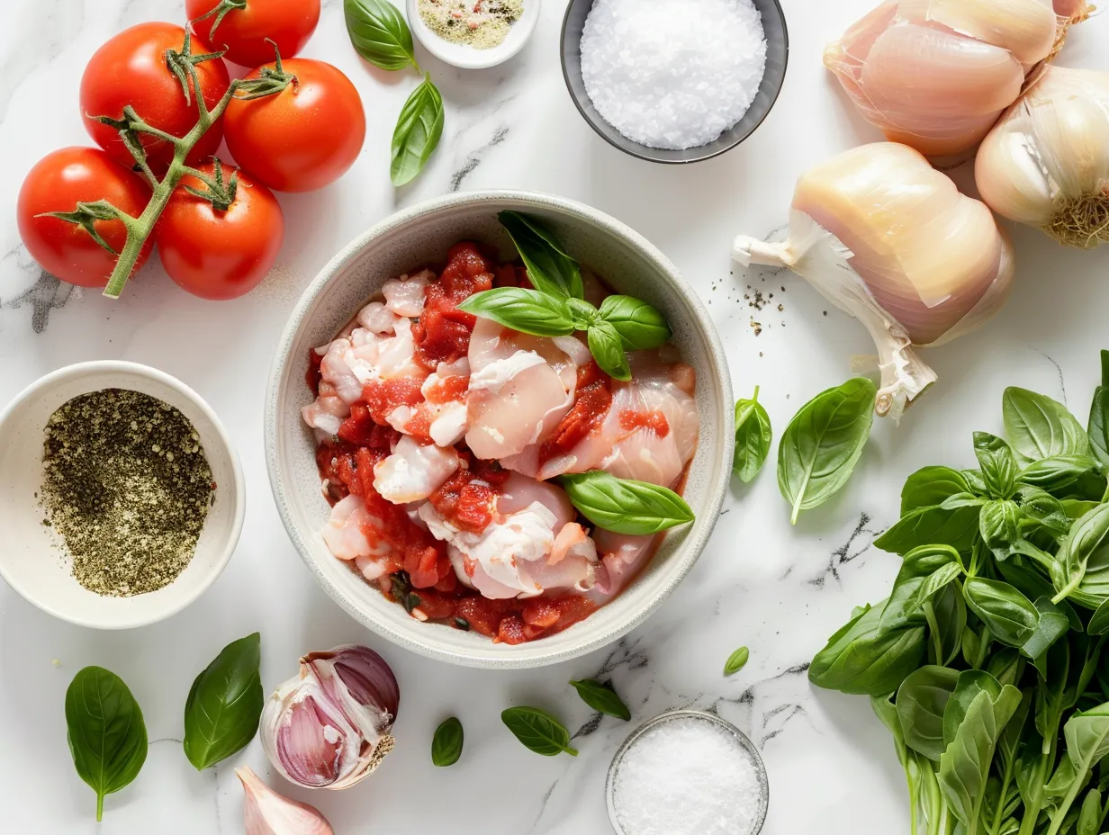 Ingredients for making Slow Cooker Creamy Tomato Basil Chicken, including chicken breasts, tomato sauce, diced tomatoes, heavy cream, fresh basil, and spices.