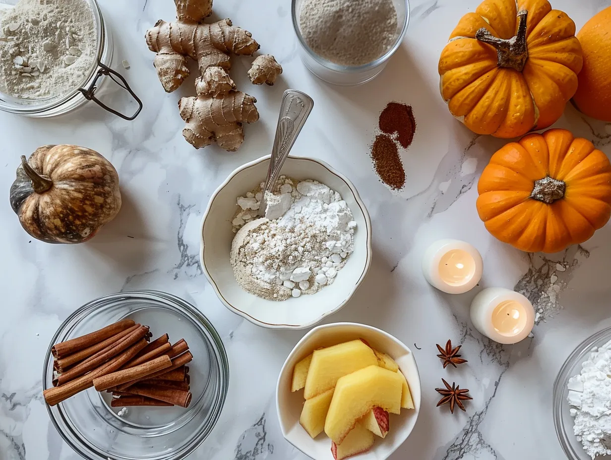 Ingredients needed to bake a delicious spiced pumpkin cake, including flour, sugar, spices, pumpkin puree, and eggs.