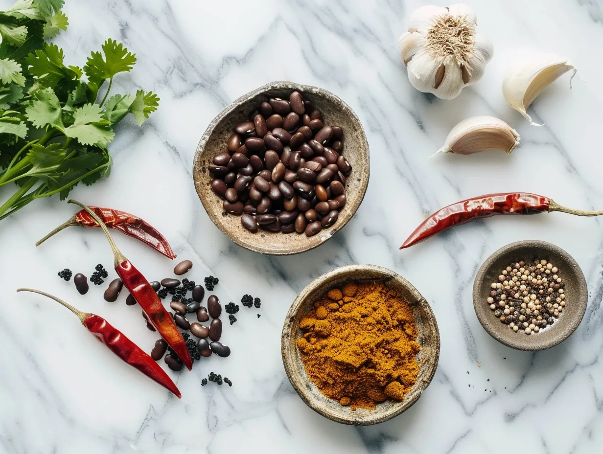 Ingredients for making Spicy Black Bean Soup, including canned beans, chopped vegetables, and spices