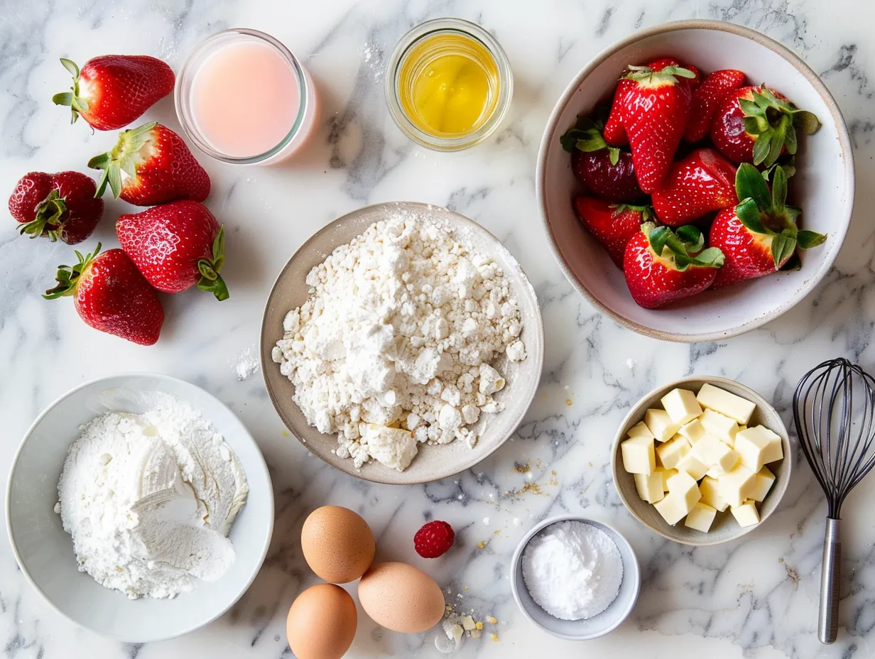 Ingredients needed to make Strawberry Cream Cheese Pound Cake