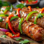 Italian Sausage with Peppers and Onions on a Rustic Wooden Board