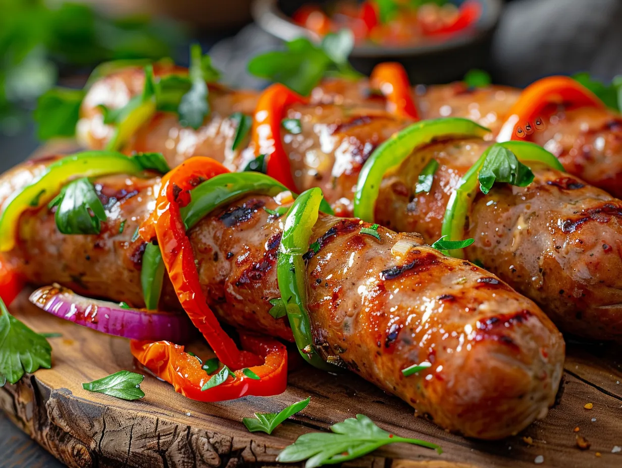 Italian Sausage with Peppers and Onions on a Rustic Wooden Board