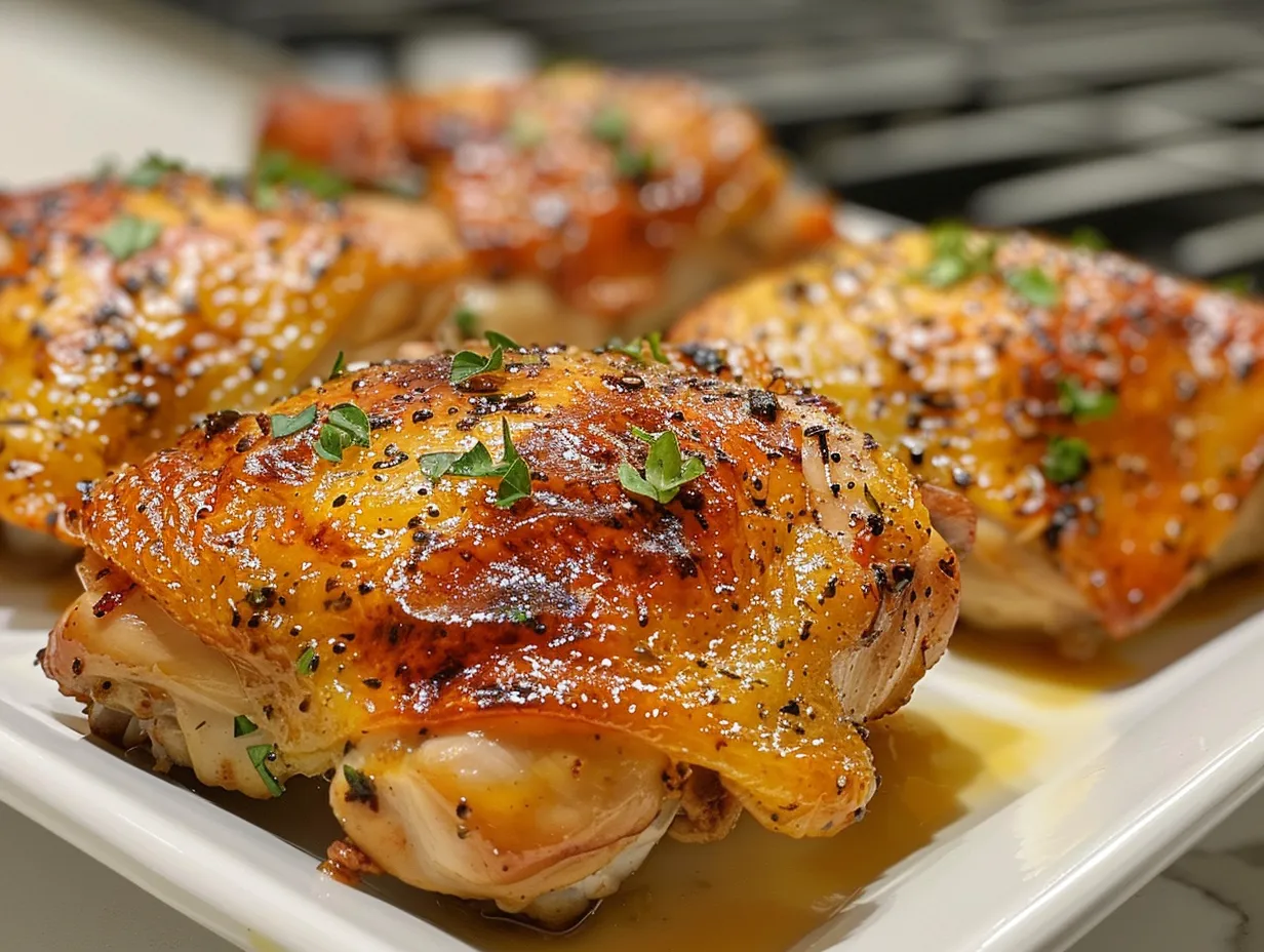 Juicy and crispy baked chicken thighs on a plate garnished with parsley