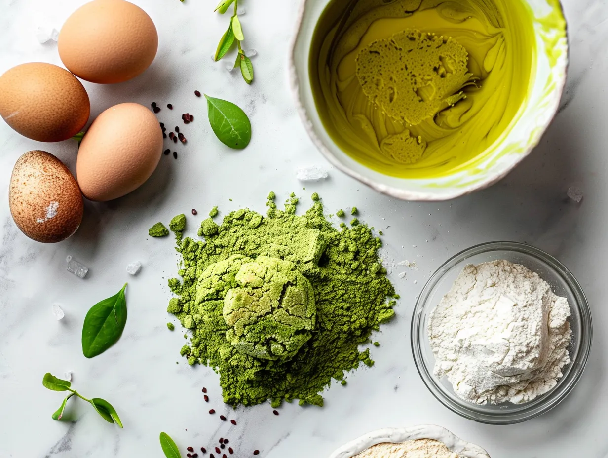 Ingredients for Matcha Jasmine Tea Cookies including matcha powder, jasmine tea, butter, sugar, and flour