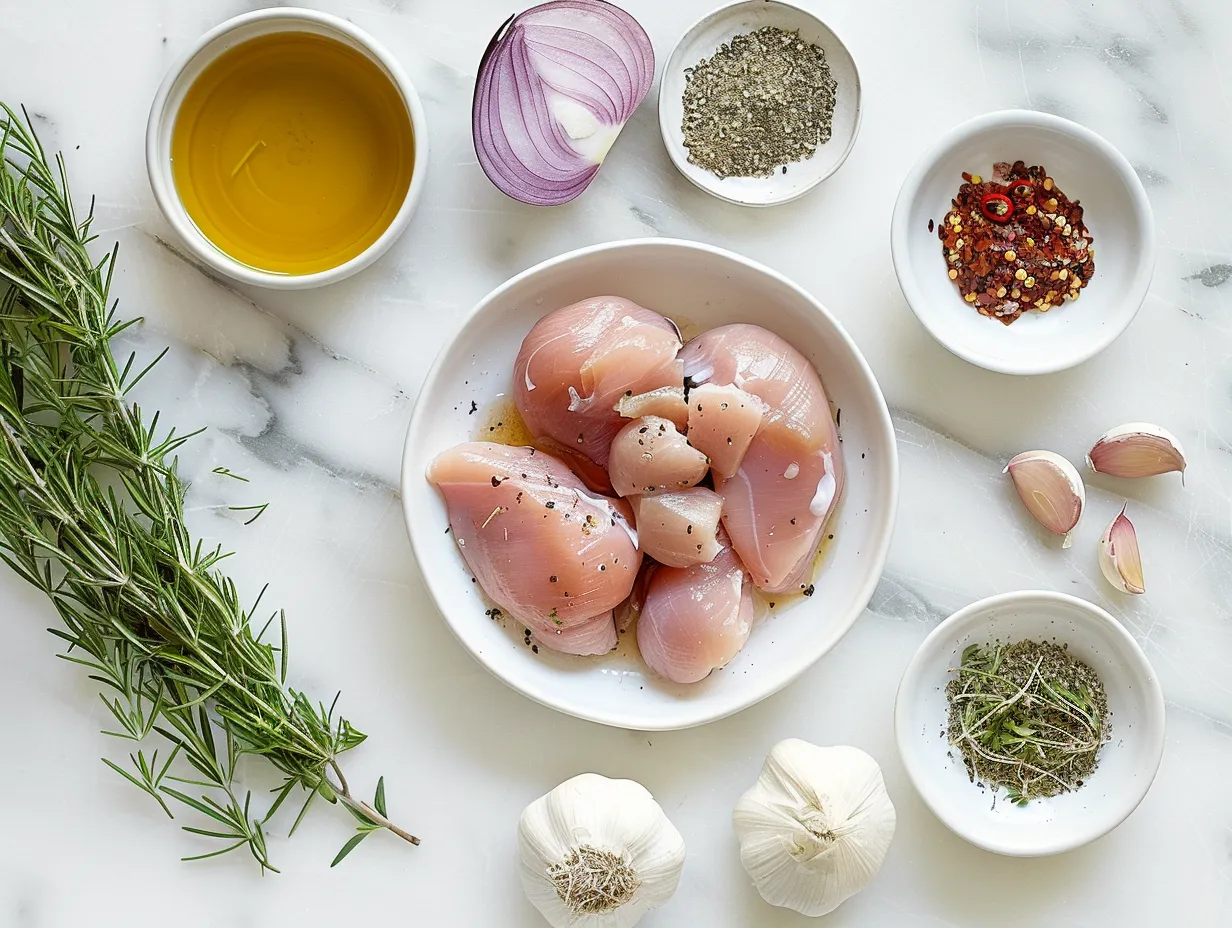 Mustard chicken ingredients laid out on a wooden table
