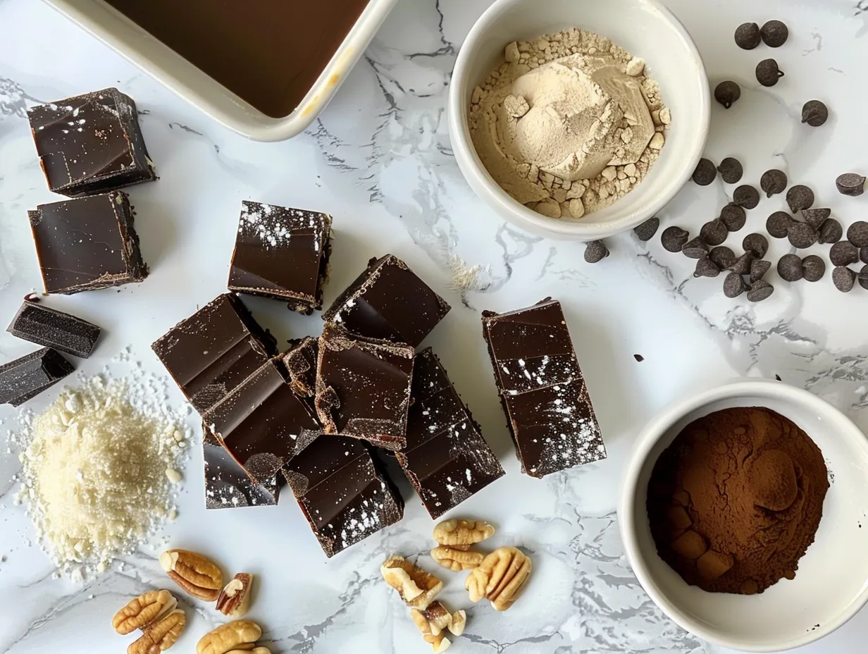 Ingredients for Nanaimo Bars including butter, sugar, cocoa powder, egg, graham cracker crumbs, walnuts, coconut, custard powder, milk, powdered sugar, and chocolate.
