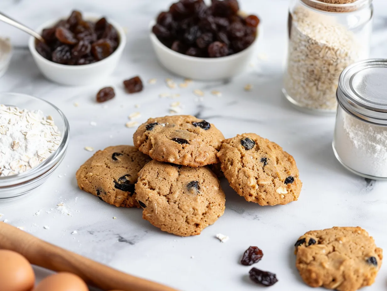 Ingredients for making oatmeal raisin cookies arranged on a marble surface