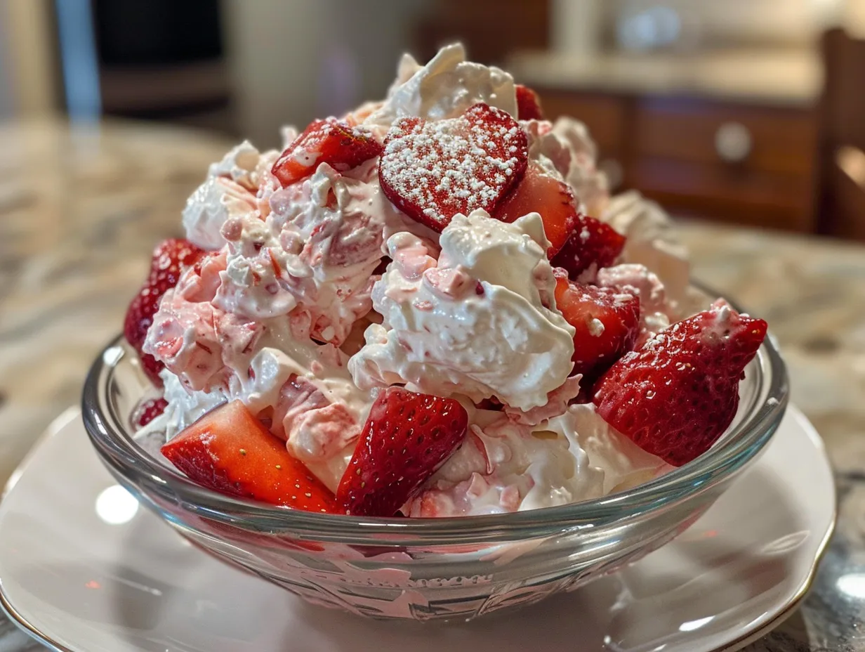 Overhead shot of a bowl of Strawberry Fluff Salad