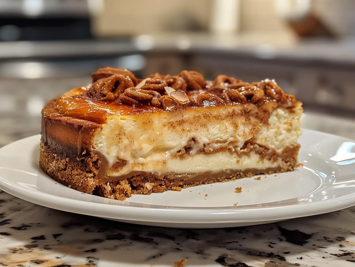 Overhead Shot of Cinnamon Roll Honeybun Cheesecake