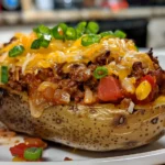Overhead view of a taco stuffed baked potato.