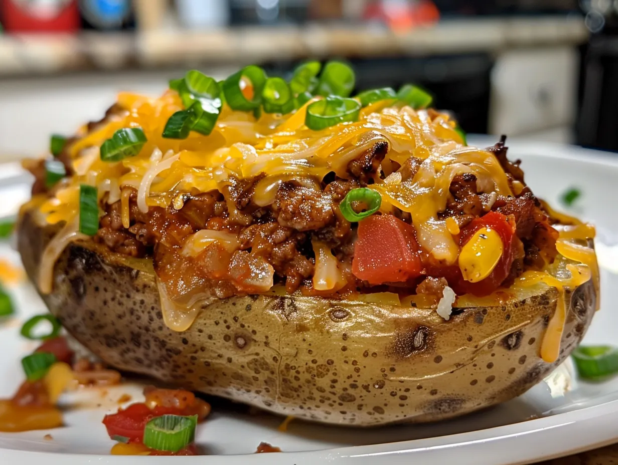 Overhead view of a taco stuffed baked potato.