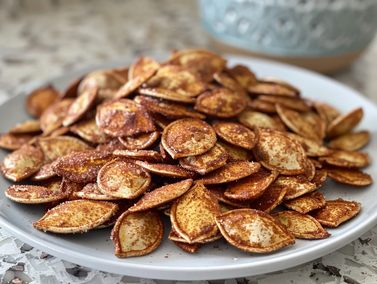 Pile of Cinnamon Sugar Baked Pumpkin Seeds