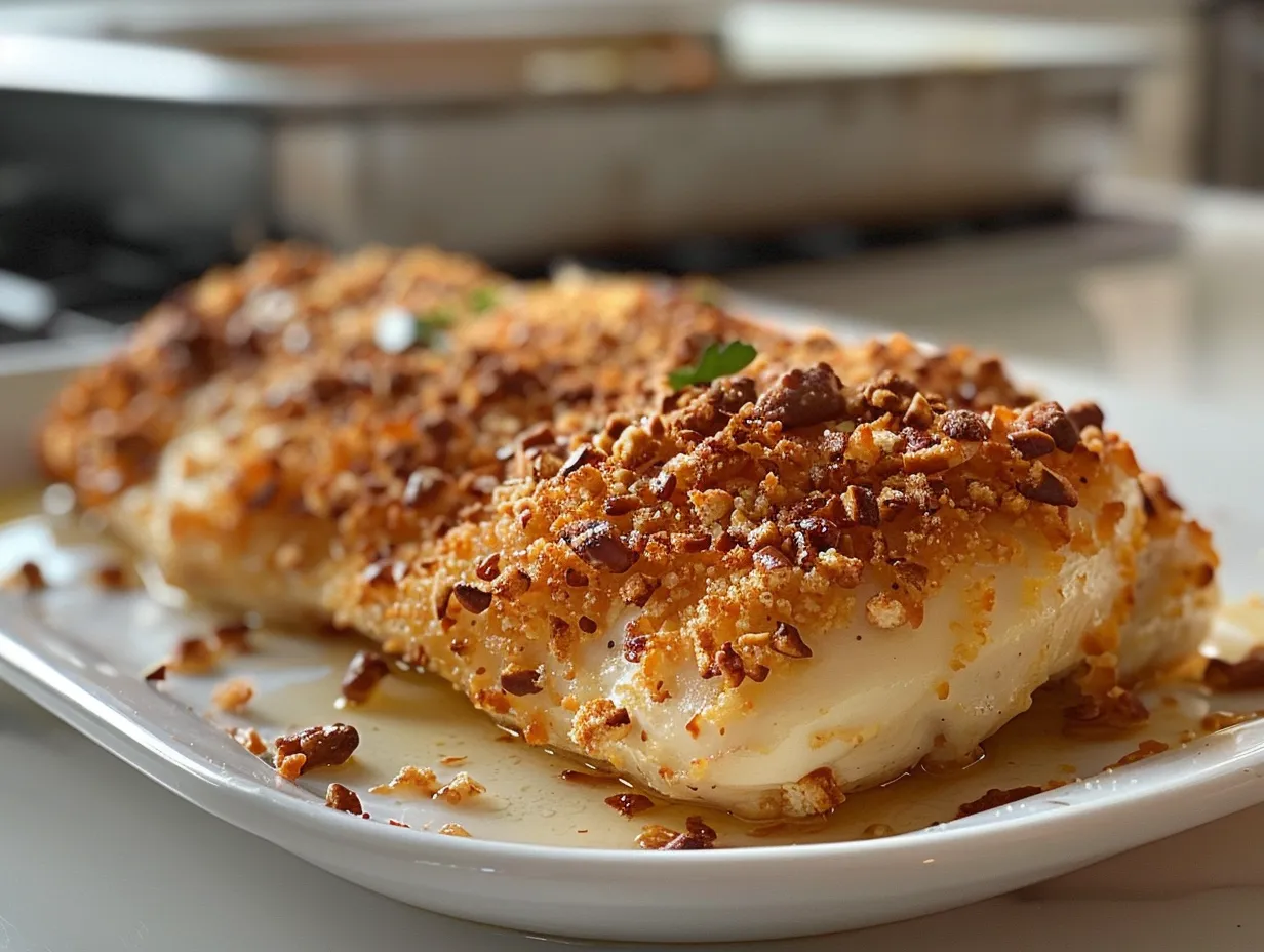 Plate of Pretzel Crusted Chicken with Dipping Sauce