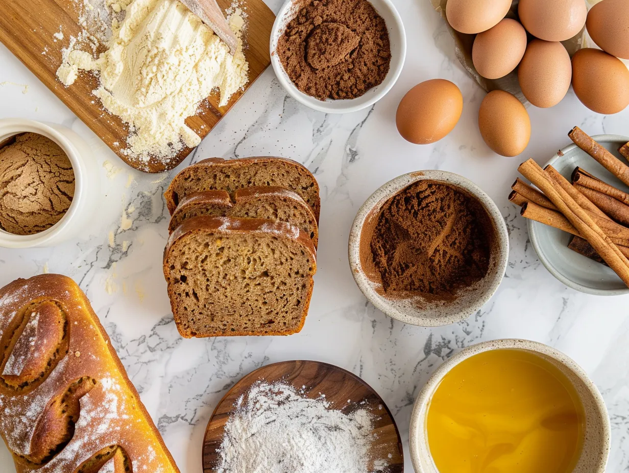 Ingredients for Pumpkin Cinnamon Swirl Bread including flour, pumpkin puree, and spices