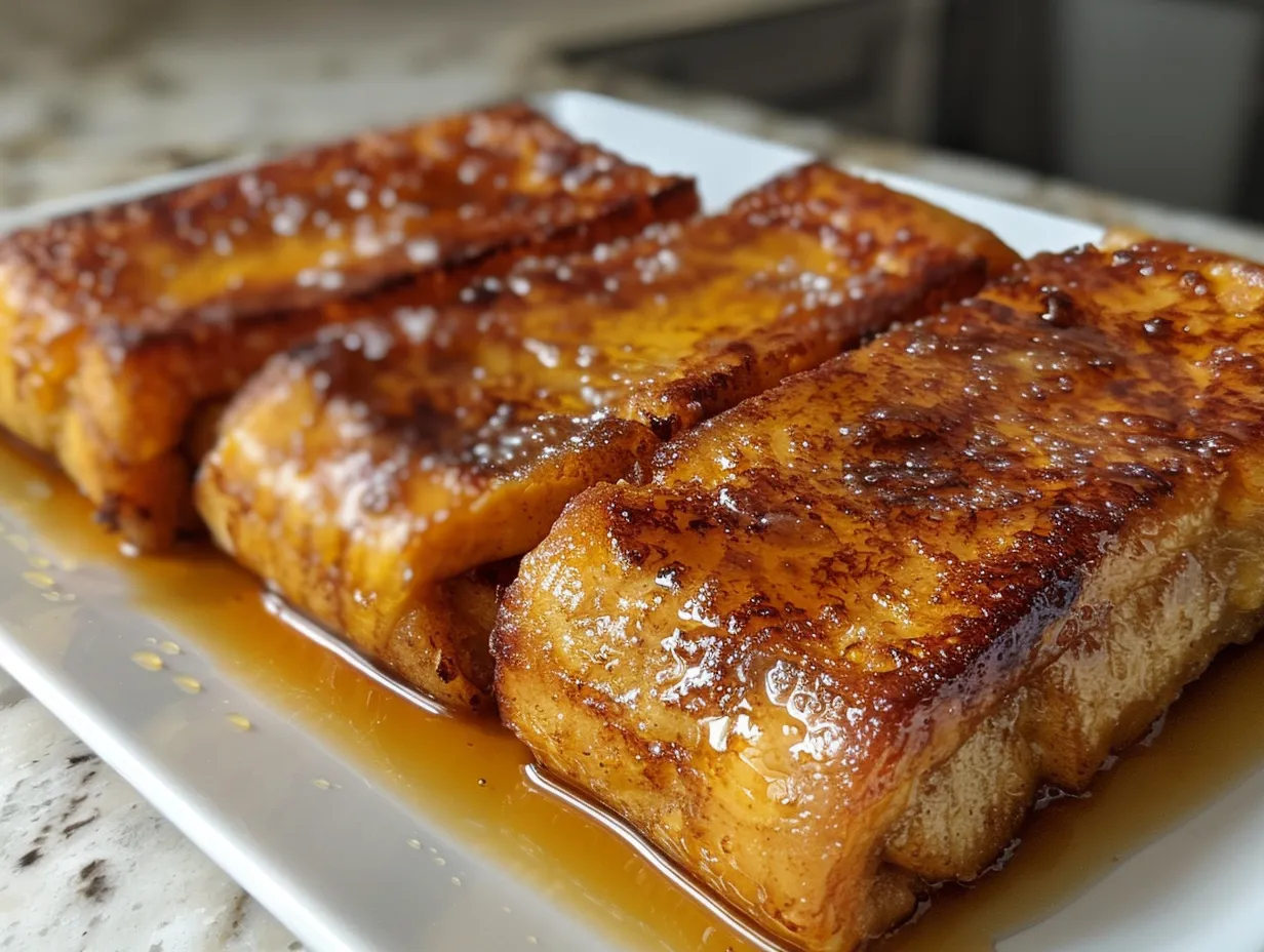 Pumpkin French Toast Roll-Ups stacked on a plate