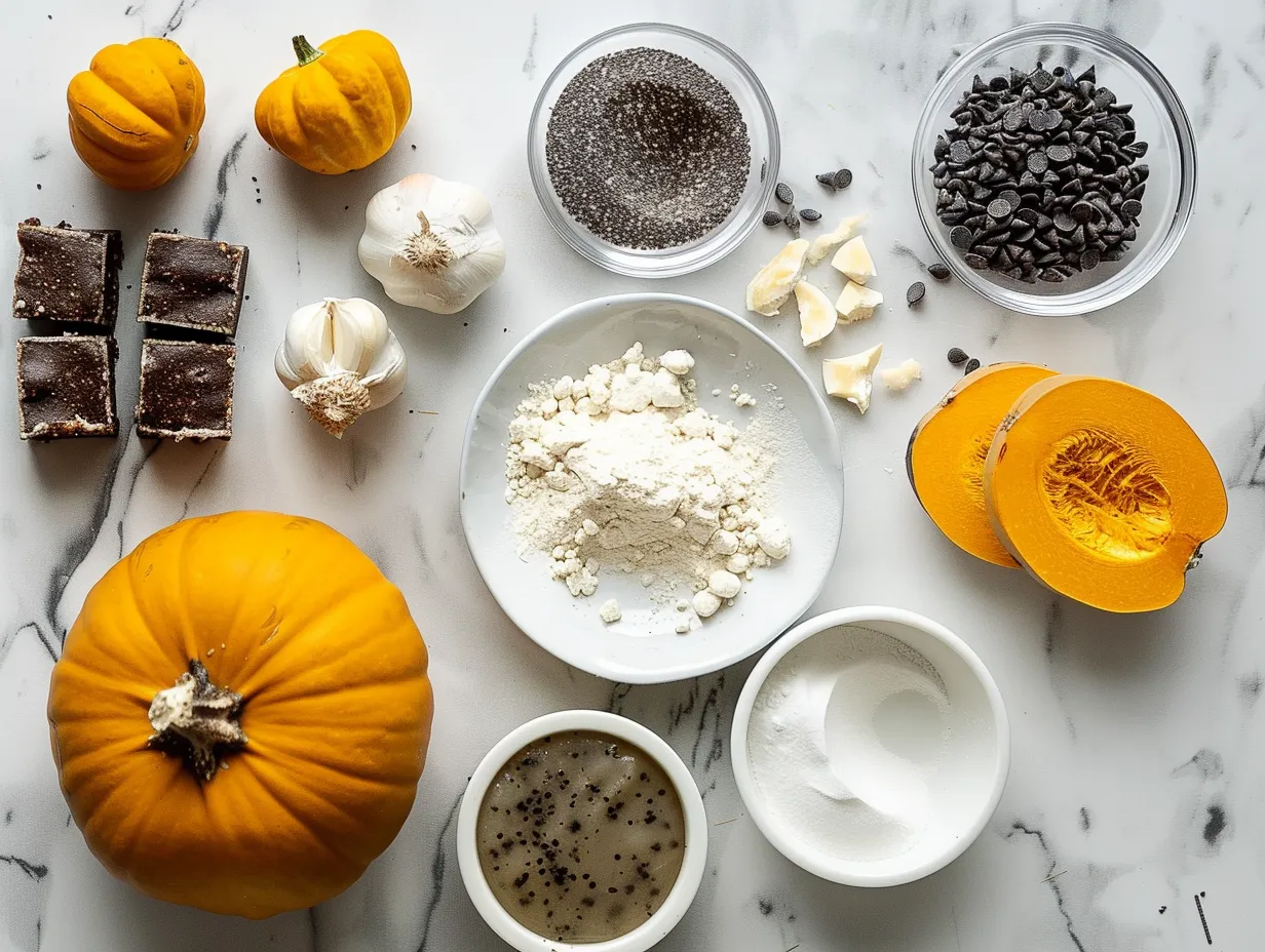 Raw ingredients for making Pumpkin Magic Bars on a white marble surface