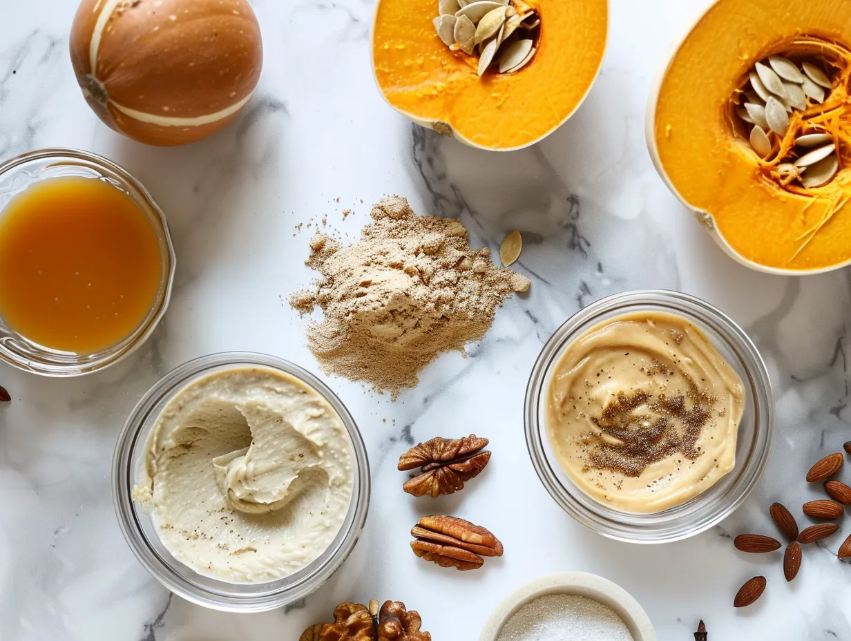 All the ingredients needed to make delicious pumpkin mousse displayed on a table.