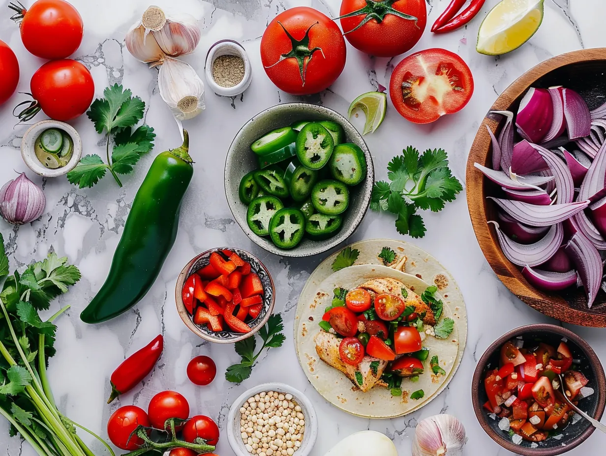 Ingredients for Queso Chicken Tacos including chicken breasts, cream of chicken soup, diced tomatoes and green chilies, cream cheese, cheddar cheese, taco seasoning, and taco shells