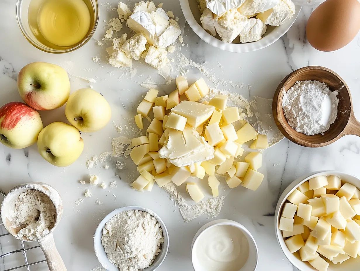 Raw ingredients for apple and brie puff pastry bites including puff pastry, apples, brie, honey, and thyme.