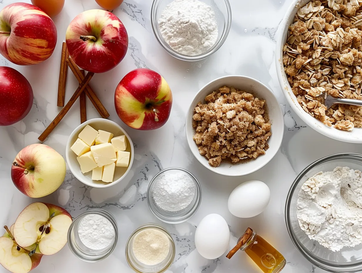 Ingredients for apple crisp including apples, flour, oats, brown sugar, butter, and spices.