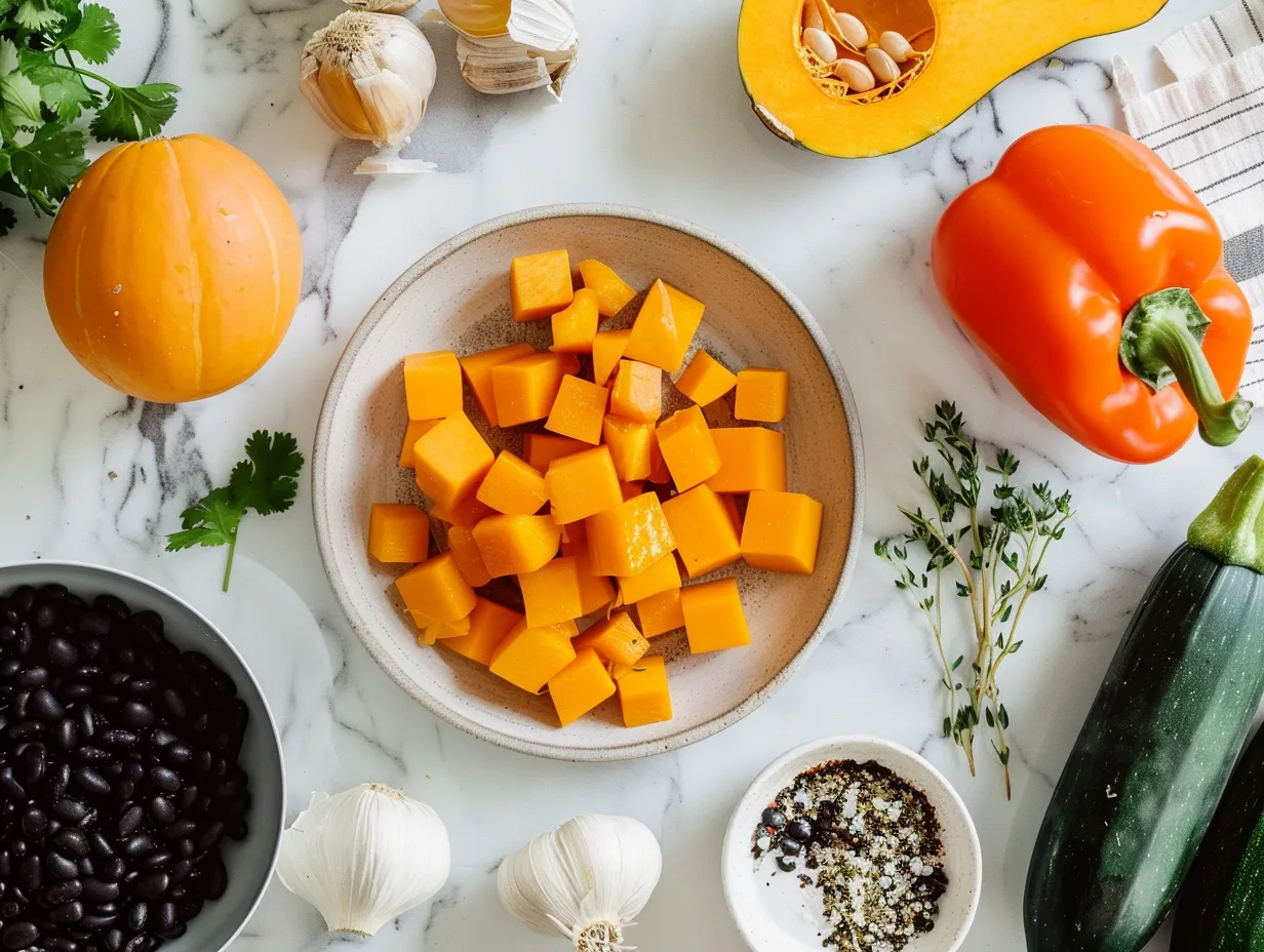 Raw ingredients for making Butternut Squash and Black Bean Enchilada Skillet on a wooden table