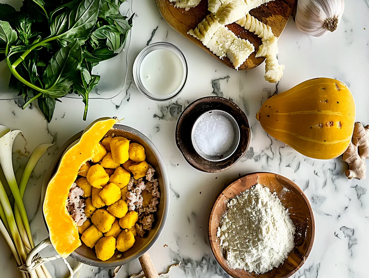 Raw ingredients for Butternut Squash Gnocchi with Sausage, showcasing fresh butternut squash, sausage, gnocchi, and spices