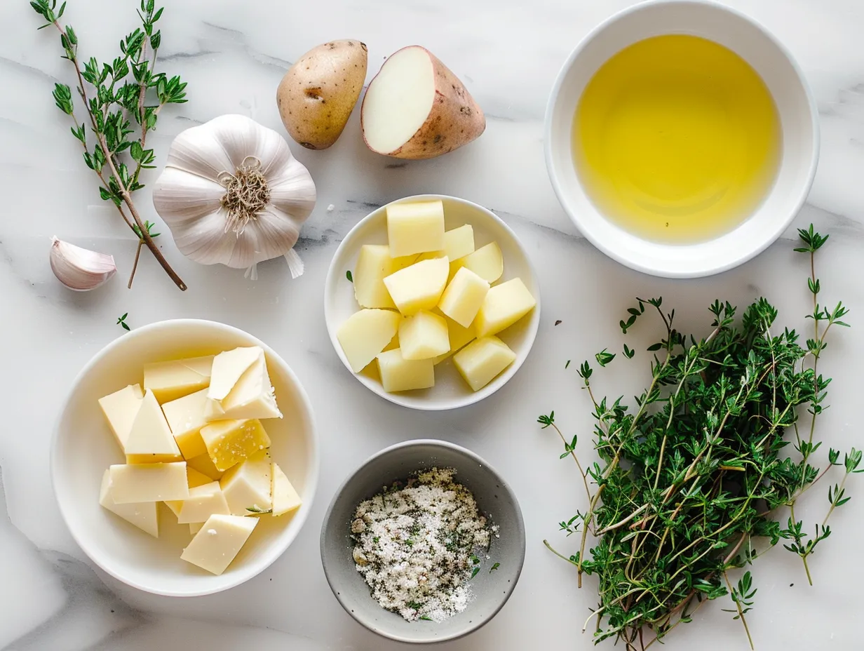 Ingredients for Cheddar Garlic Herb Potato Soup including potatoes, cheese, herbs, and broth