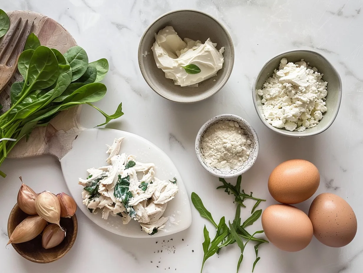 Raw ingredients for chicken and spinach casserole with cream cheese, including chicken, spinach, cream cheese, sour cream, and spices, arranged on a white marble countertop.