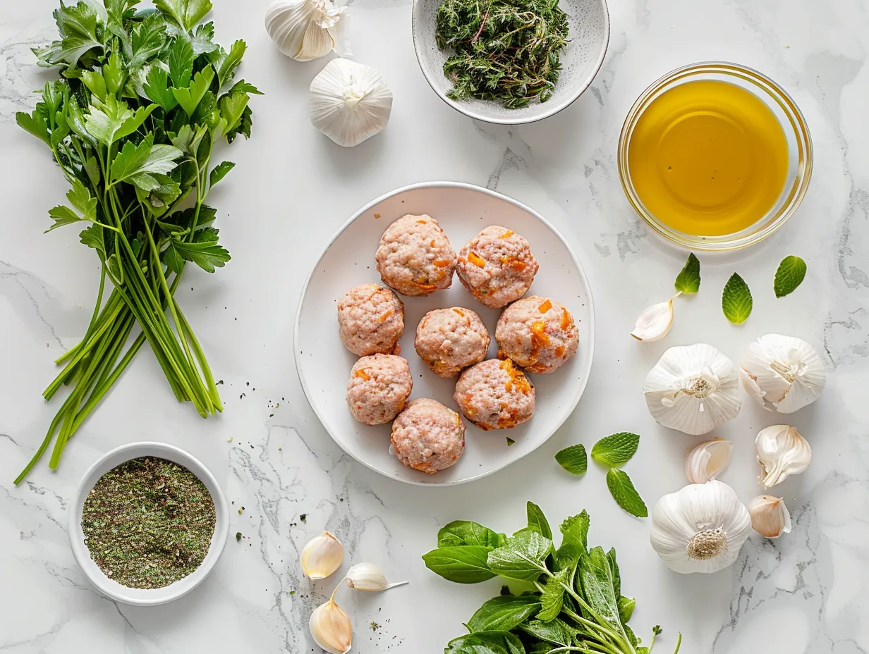 Ingredients for Quick Chicken Meatballs including ground chicken, breadcrumbs, parmesan cheese, egg, and spices.