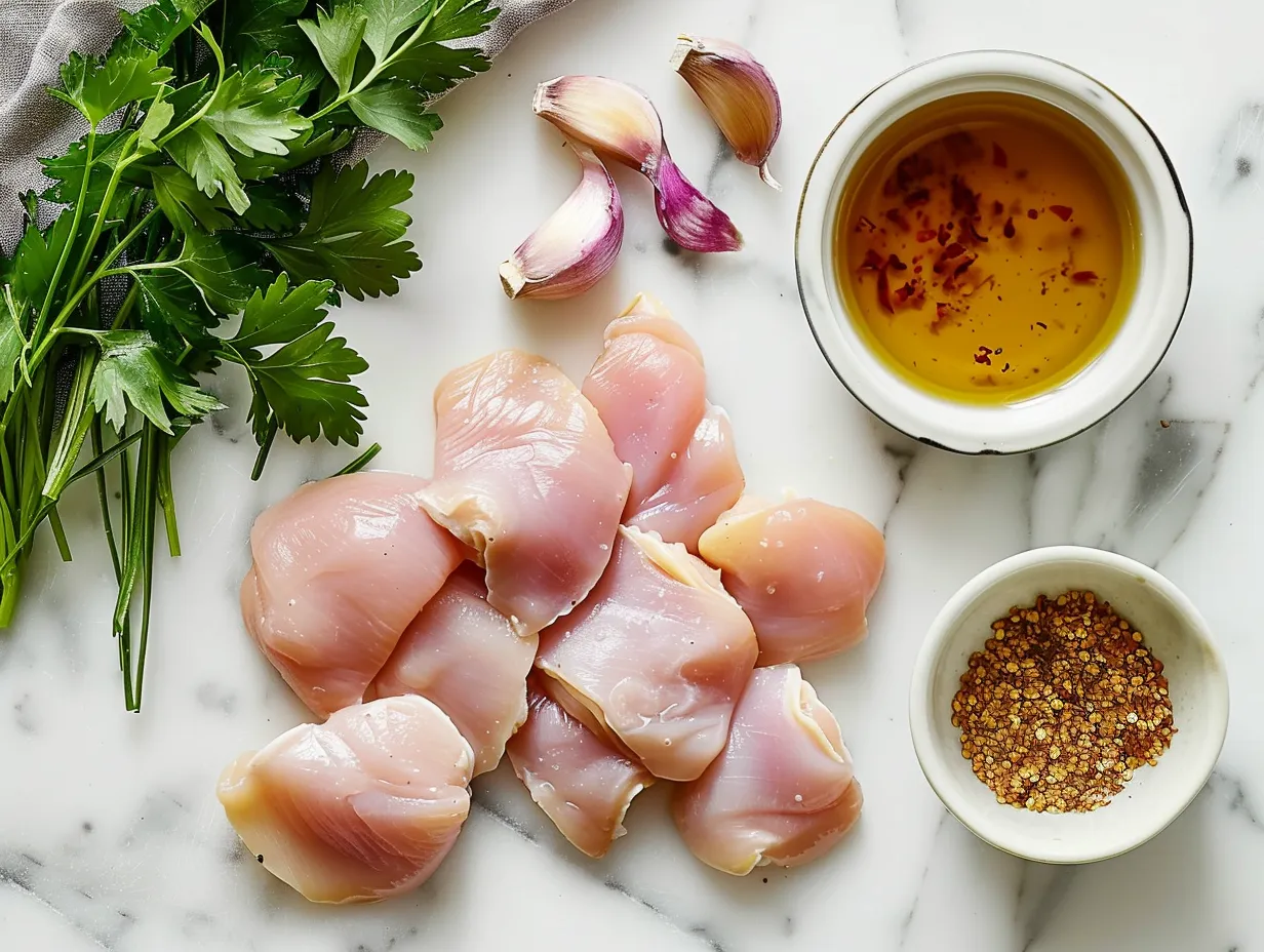 Raw ingredients including chicken, vegetables, and stir fry sauce ingredients