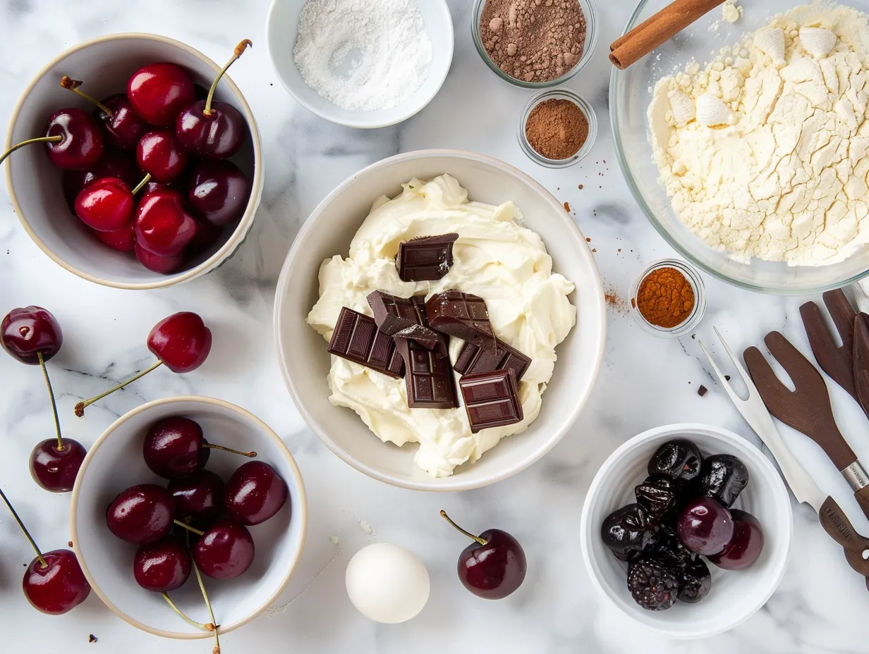 Ingredients for Chocolate Cherry Cream Pie including graham cracker crust, cream cheese, cherry pie filling, and cocoa powder.