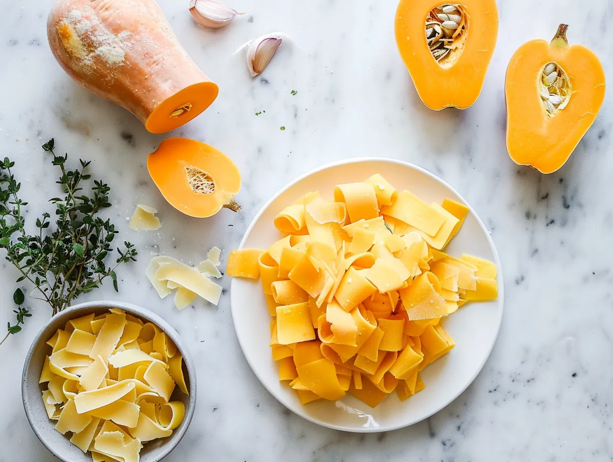 Raw ingredients for making creamy butternut squash pasta including butternut squash, garlic, onions, pasta, and spices.