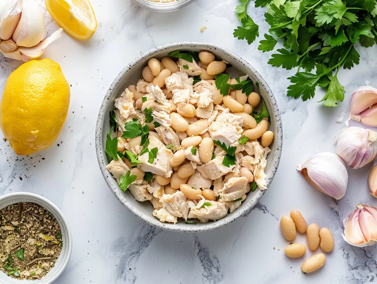 Raw ingredients for Crockpot White Chicken Chili displayed on a white marble surface.