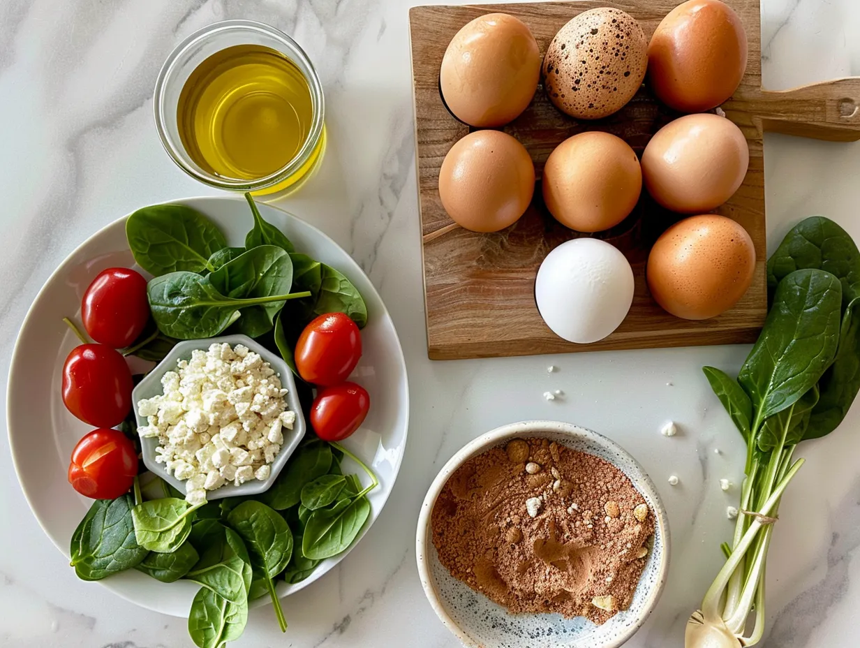 Raw ingredients for making homemade Egg Muffins with Spinach and Feta displayed on a white marble surface