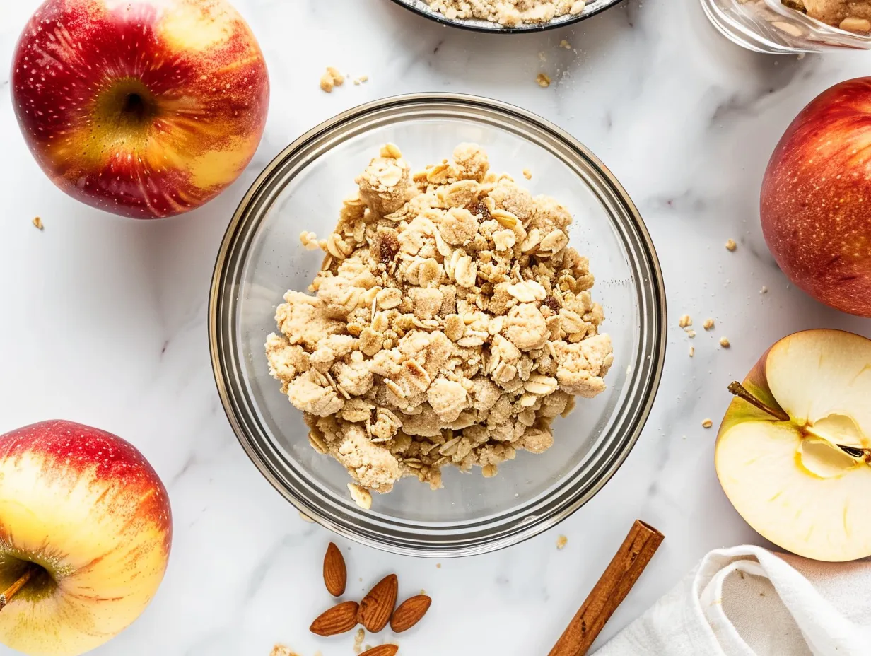 Ingredients for homemade apple crisp including apples, flour, oats, and butter