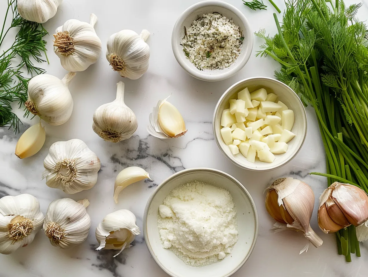 Raw ingredients for homemade garlic soup, including garlic cloves, olive oil, herbs, and spices.