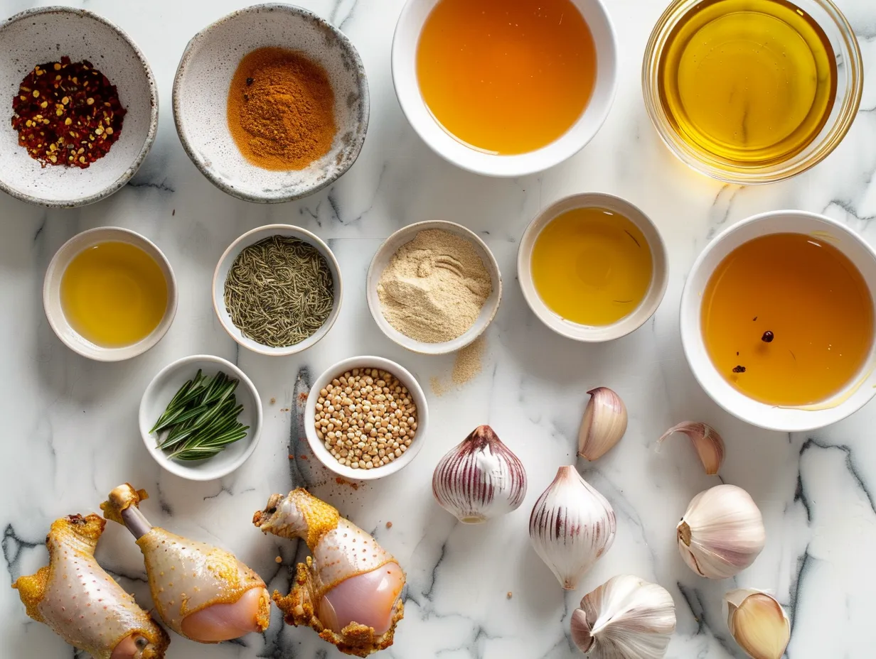 Ingredients for Honey Mustard Chicken: Chicken breasts, honey mustard sauce, Dijon mustard, honey, olive oil, garlic powder, paprika, salt, and pepper.
