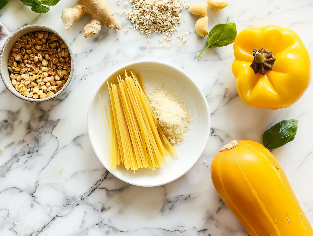 Raw ingredients for honeynut squash pasta: honeynut squash, pasta, garlic, onion, sage, parmesan, olive oil, salt and pepper