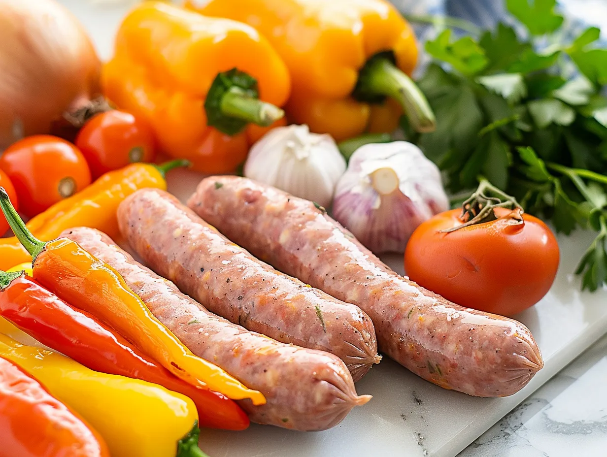Raw ingredients for Italian Sausage with Peppers and Onions displayed on white marble.