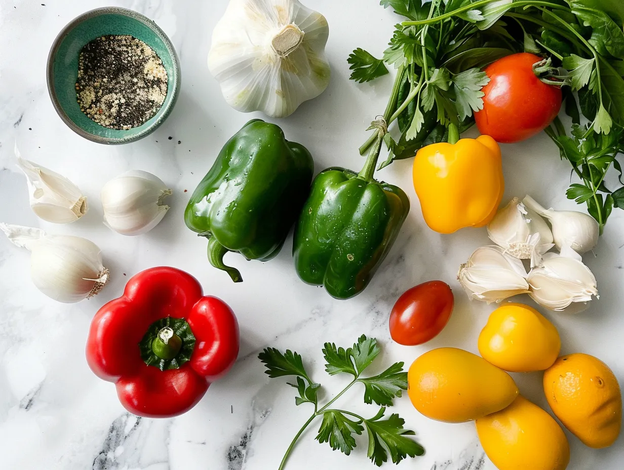 Raw ingredients for Jalapeno Popper Soup including bacon, onion, garlic, cream cheese, and jalapenos.