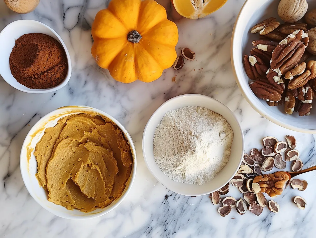 Raw ingredients needed to make pumpkin bars recipe