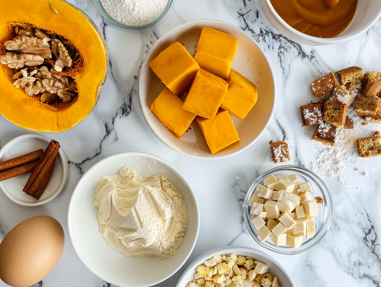 Ingredients for Pumpkin Bread Pudding including bread, pumpkin puree, spices and eggs.