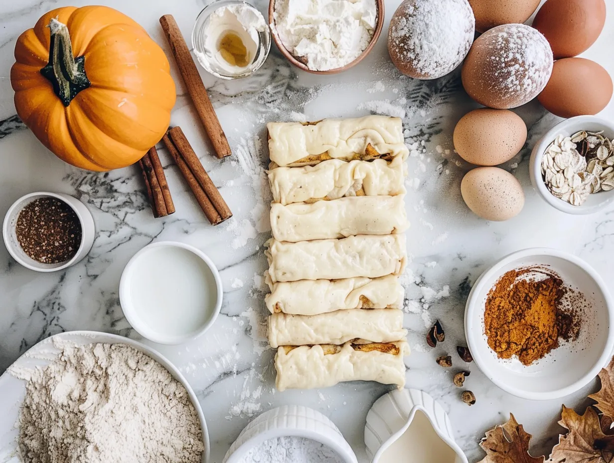Ingredients for Pumpkin French Toast Roll-Ups including bread, pumpkin puree, milk, eggs, brown sugar, pumpkin pie spice, vanilla extract, and butter.